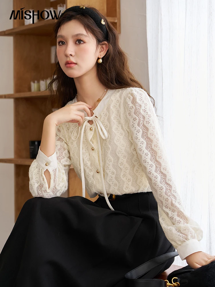 Top Trends: MISHOW French Bow Lace Blouse For Women 2023 Winter Autumn Fashion Button Up Long Sleeve Shirts & Blouses Top Female MXC53C0128 Shoppable Styles