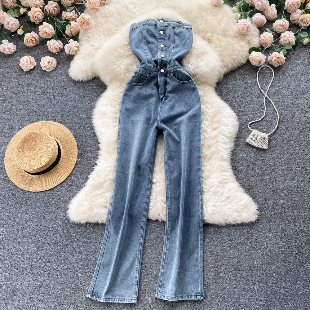 Top Trends: Retro Tube Top Jumpsuit Women's Summer 2023 New Slim Waist Buttons Up Denim Long Pants Overalls Rompers Shoppable Styles