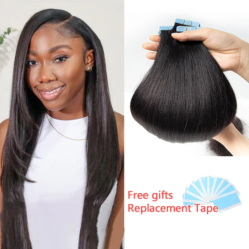 Top Trends: Light Yaki Straight Tape In Hair Extensions Human Hair Remy Tape Ins 12-26inch 20pcs / Pack Yaki Natural Black Hair Bundles Shoppable Styles