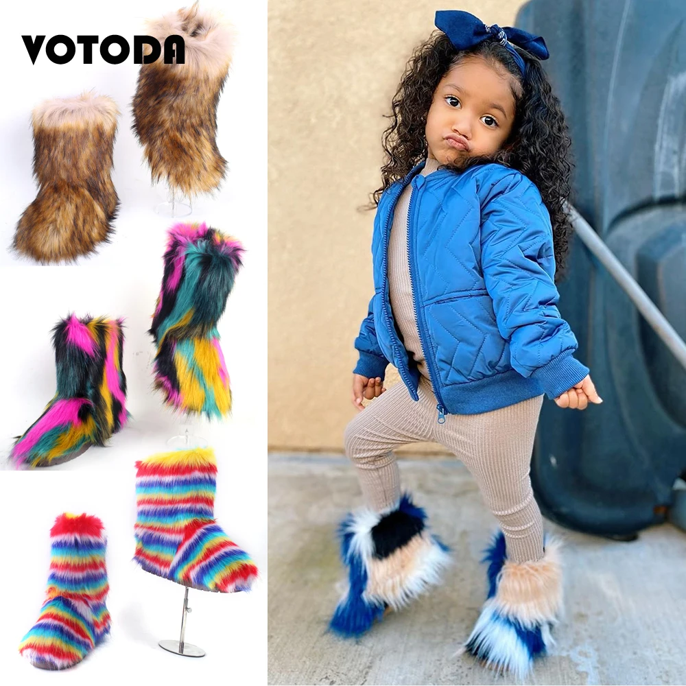 Top Trends: Winter Kids Warm Snow Boots Puffy Faux Fur Boots Children Furry Rainbow Shoe Rubber Flat Non-slip Slip-on Boots Luxury Fur Shoes Shoppable Styles