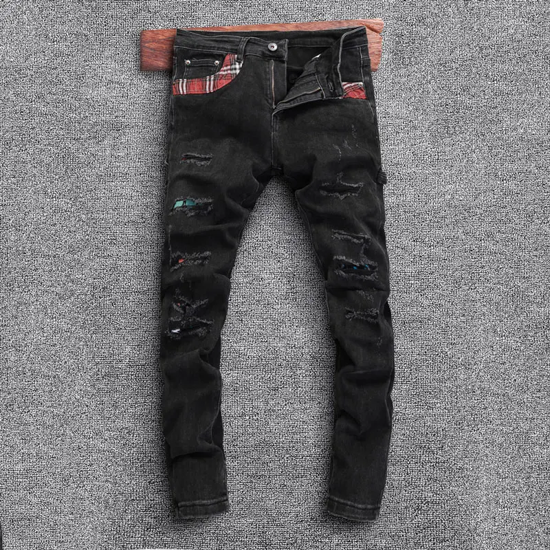 Top Trends: Street Fashion Men Jeans Black Gray Stretch Skinny Fit Embroidery Patched Designer Ripped Jeans Men Elastic Hip Hop Denim Pants Shoppable Styles