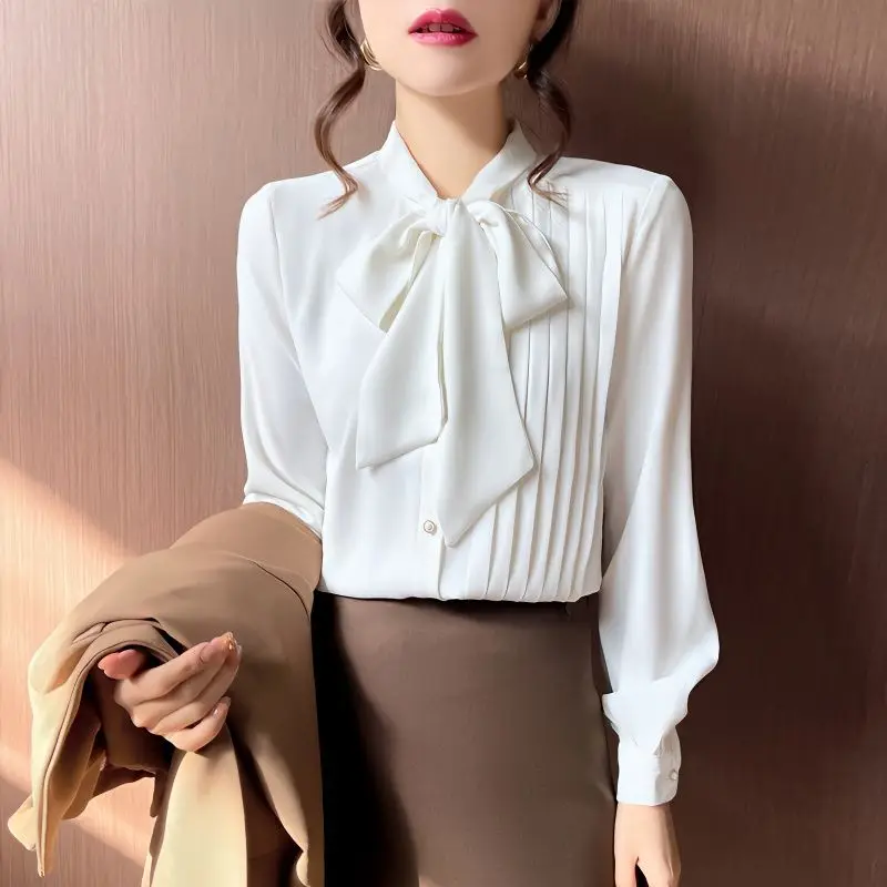 Top Trends: Spring Autumn New Pleated Bow Lacing Shirt Tops Long Sleeve Solid Color Loose Office Blouse Temperament Fashion Women Clothing Shoppable Styles