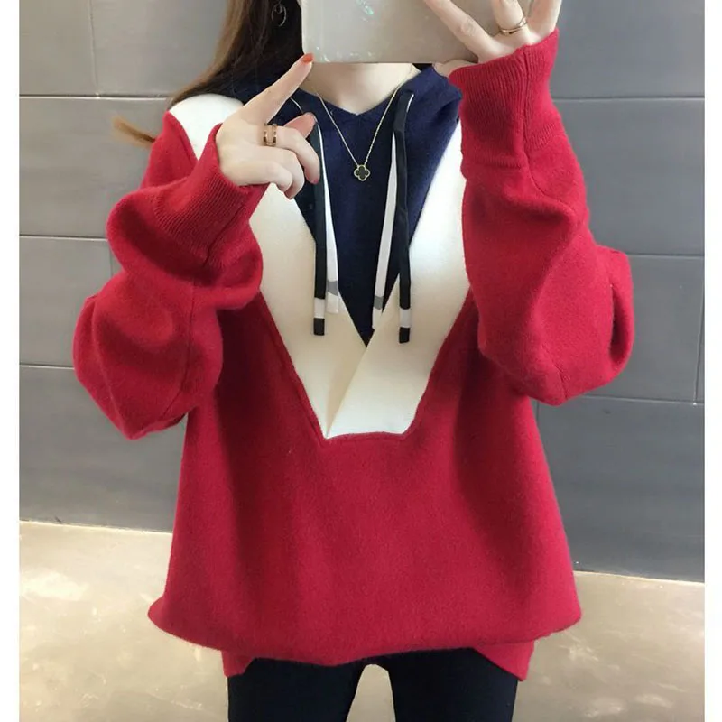 Top Trends: Fashion Hooded Lace Up Fake Two Piece Hoodies Female Clothing 2023 Winter New Oversized Casual Pullovers Korean Sweatshirts Shoppable Styles