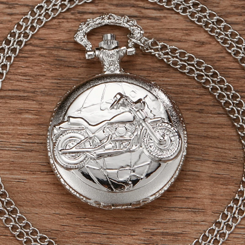 Top Trends: Luxury Silver Motorcycle Motorbike MOTO Quartz Pocket Watch Chain Carved Steampunk Chain Pocket Fob Watch Clock Gifts Shoppable Styles