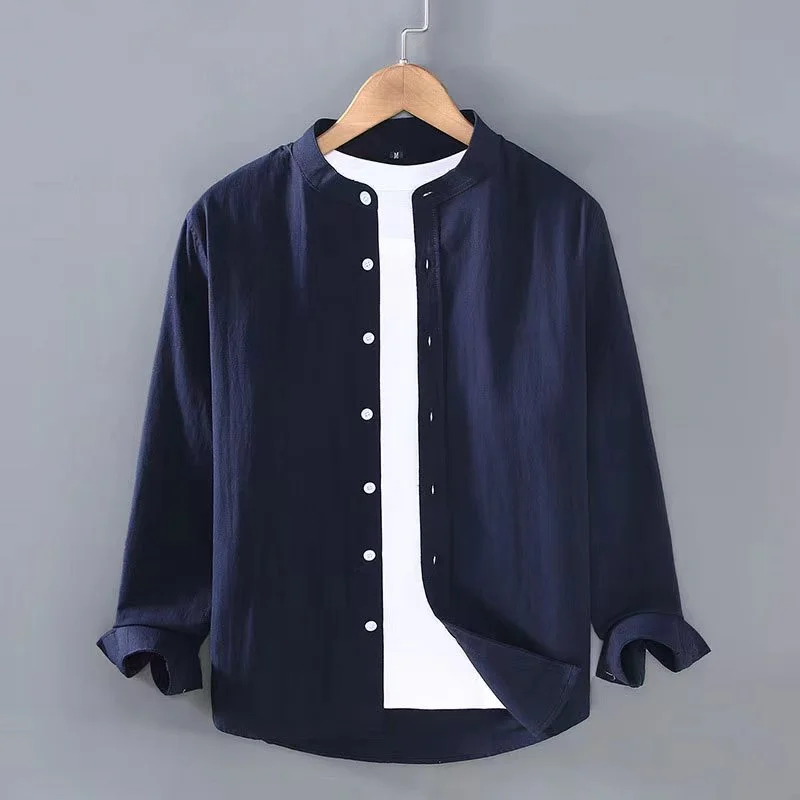 Top Trends: New Blue Linen Long Sleeve Shirt Stand Collar Long Sleeve Henry Shirt Soft And Comfortable Summer Men's Shirt Solid Color S-3XL Shoppable Styles - Image 4