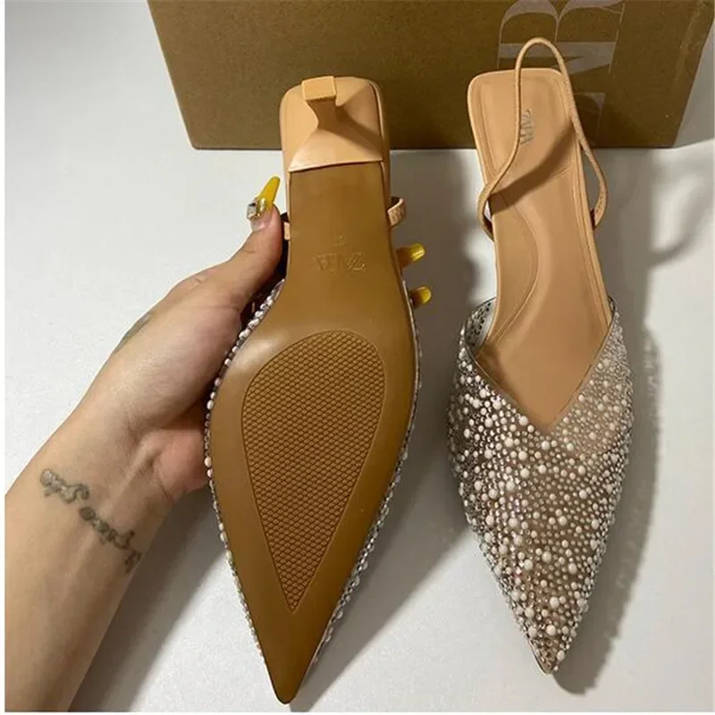 Top Trends: Fashion Summer Women High Heels Pearl Decoration Slingback Woman Pumps Pointed Toe High Heels Sandals Elegant Woman Shoes Shoppable Styles - Image 2