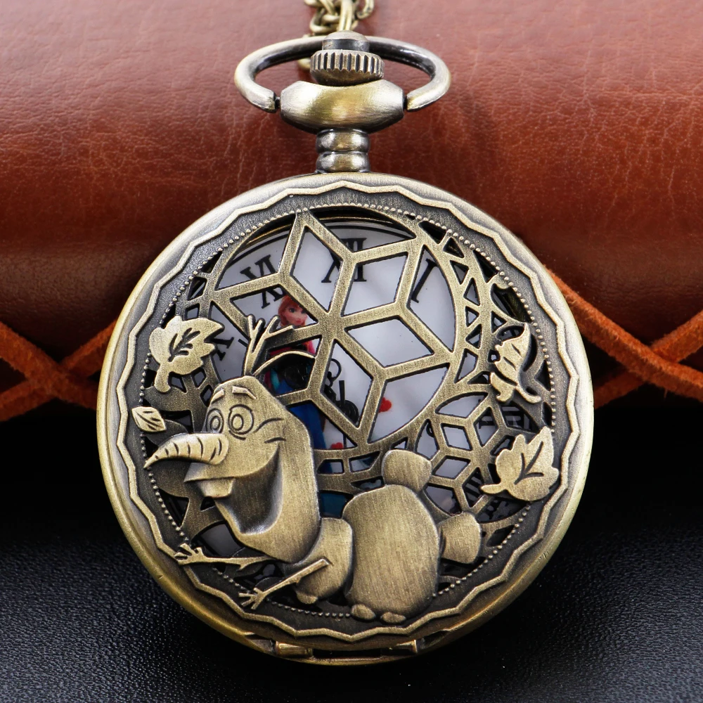 Top Trends: Cute Anime Cartoon Fairy Tale Princess Snowman Hollowed Out Quartz Pocket Watch Retro With Chain Necklace Pendant Jewelry Clock Shoppable Styles