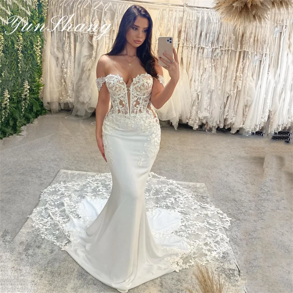 Top Trends: Yunshang Elegant Mermaid Wedding Dress Women Off The Shoulder Lace Open Back Sweetheart Bridal Gown Sweep Train Vestido De Novia Shoppable Styles