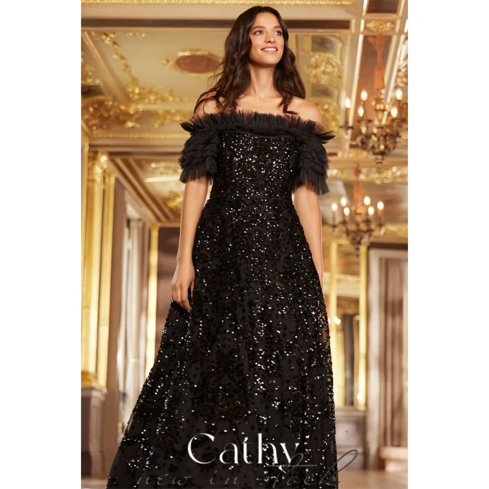 Top Trends: Cathy Black Glitter Sequins A-line Prom Dress Elegant Off Shoulder فستان حفلات الزفاف Plus Size Puffy Sleeveless Wedding Dress Shoppable Styles