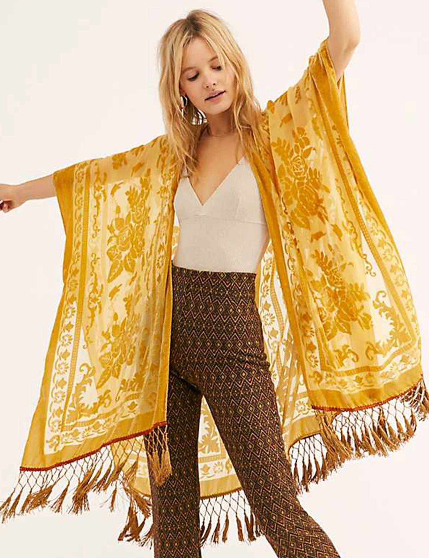 Top Trends: WeHelllo Burnout Velvet Kimono For Women Luxury Fashion Long Cardigan With Tassel Beach Cover-up Holiday Cardigan Shawl Shoppable Styles