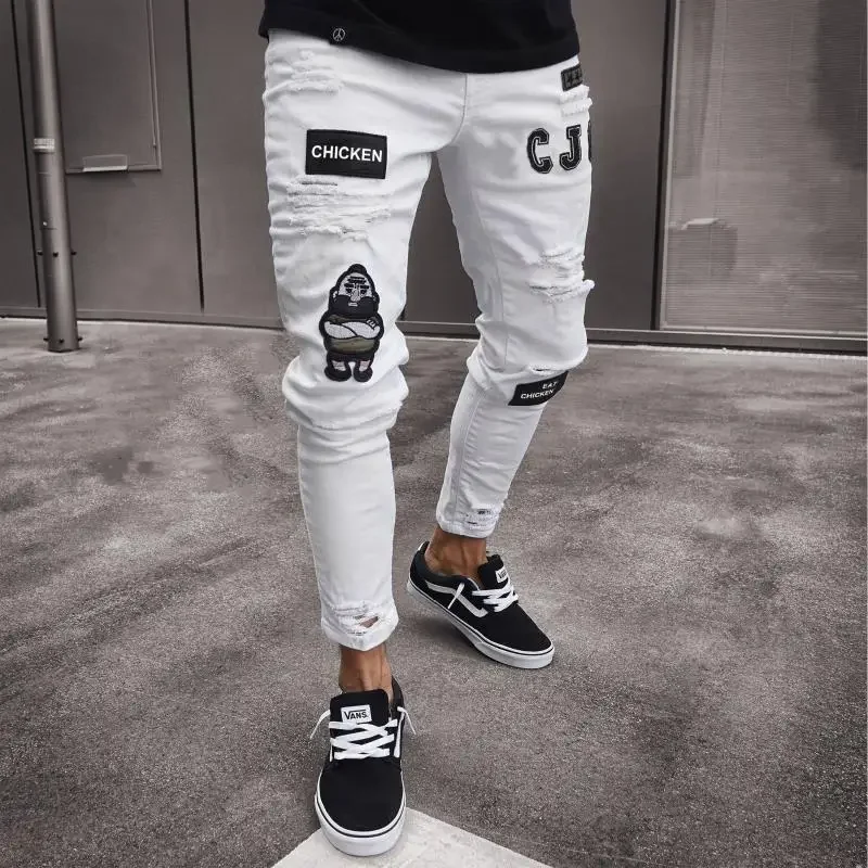 Top Trends: Mens Pants Jeans Men Stretchy Ripped Skinny Biker Embroidery Print Jeans Destroyed Hole Taped Slim Fit Denim High Quality Jean Shoppable Styles