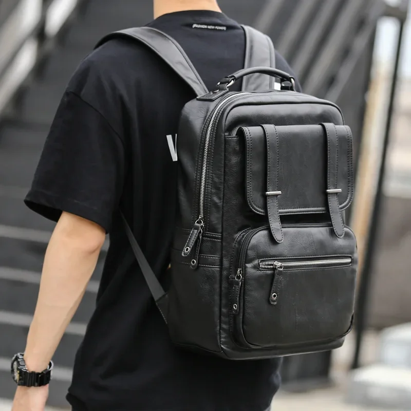 Top Trends: Simple Fashion Men&#039;s Backpack Soft Pu Leather Backpack Men Large Capacity 14inch Laptop Bag Students Schoolbags Travel Back Pack Shoppable Styles