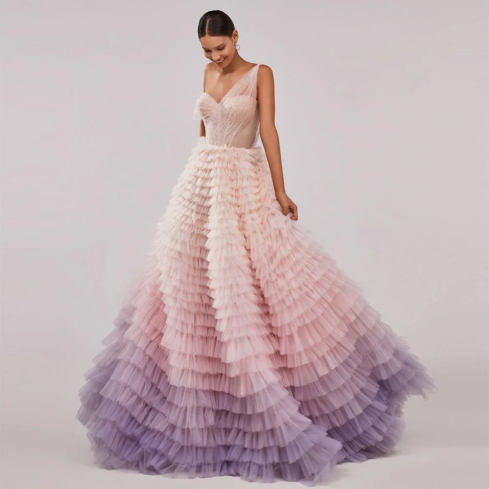 Top Trends: Sevintage Colorful Tiered Ruffled Tulle Prom Dresses Beading Crystal Pleat Ruched Long Evening Gowns Wedding Party Dress 2022 Shoppable Styles