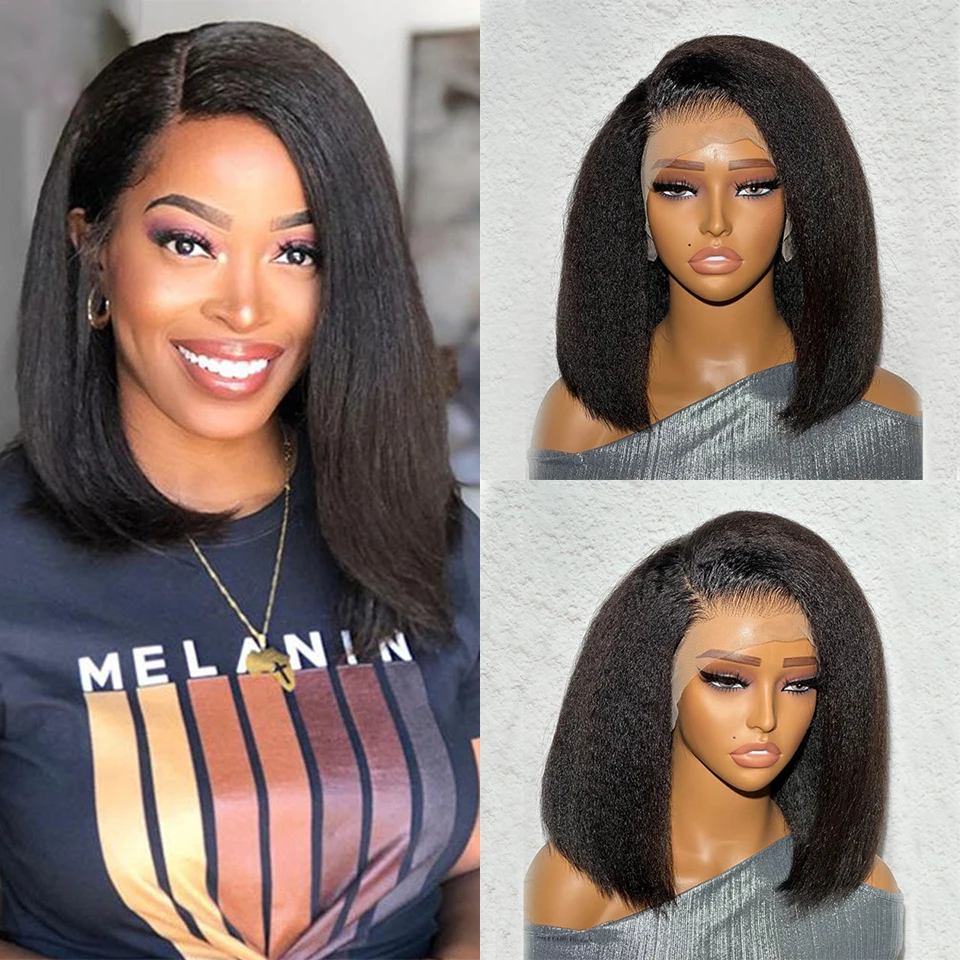 Top Trends: Kinky Straight 13x1 Glueless Side Part Lace Wig Short Bob Human Hair Wigs For Women Asymmetrical BOB Perruque Cheveux Humains Shoppable Styles