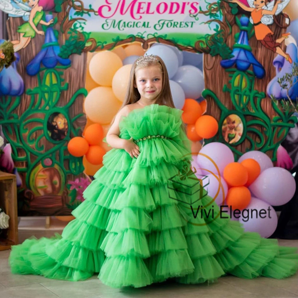 Top Trends: Green Tiered Flower Girls Dresses With Crystal 2023 Summer New Sweep Train Christmas Gowns New Zipper Back فلور فتاة اللباس Shoppable Styles - Image 5