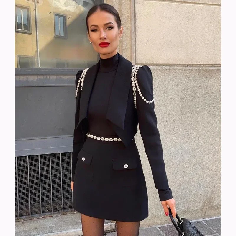 Top Trends: New Women's Suit Set Luxury Rhinestone Dress Birthday Party Long Sleeve Off Waist Design High Waist Half Two Piece Shoppable Styles