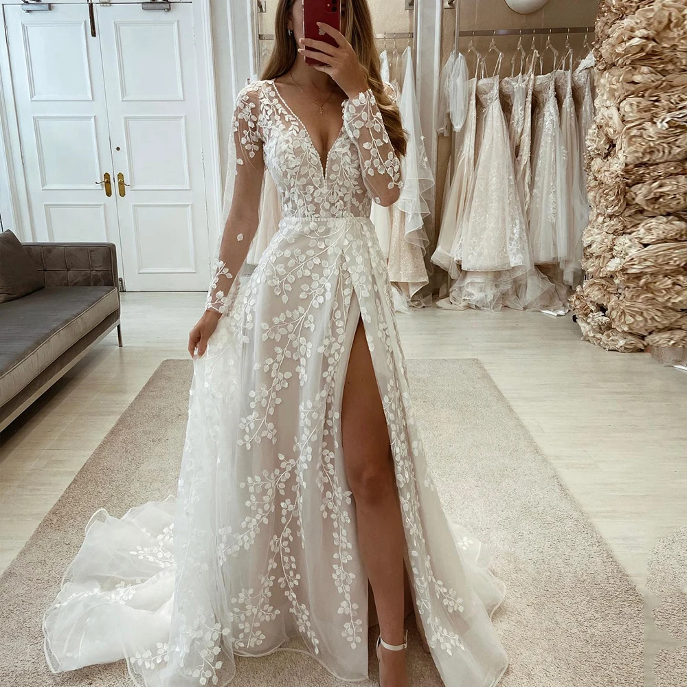 Top Trends: Pastrol Wedding Dresses V-Neck Long Sleeves Bride Gowns Backless Lace Sweep Train Front Slit Tulle A-Line Vestidos De Novia 2024 Shoppable Styles