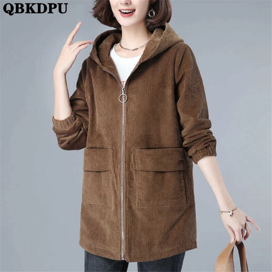 Top Trends: Corduroy Oversized 6XL Loose Hooded Coat Mid-length Women Casual Jackets Spring Trenchcoat Korean Windbreaker No Lined Outwear Shoppable Styles