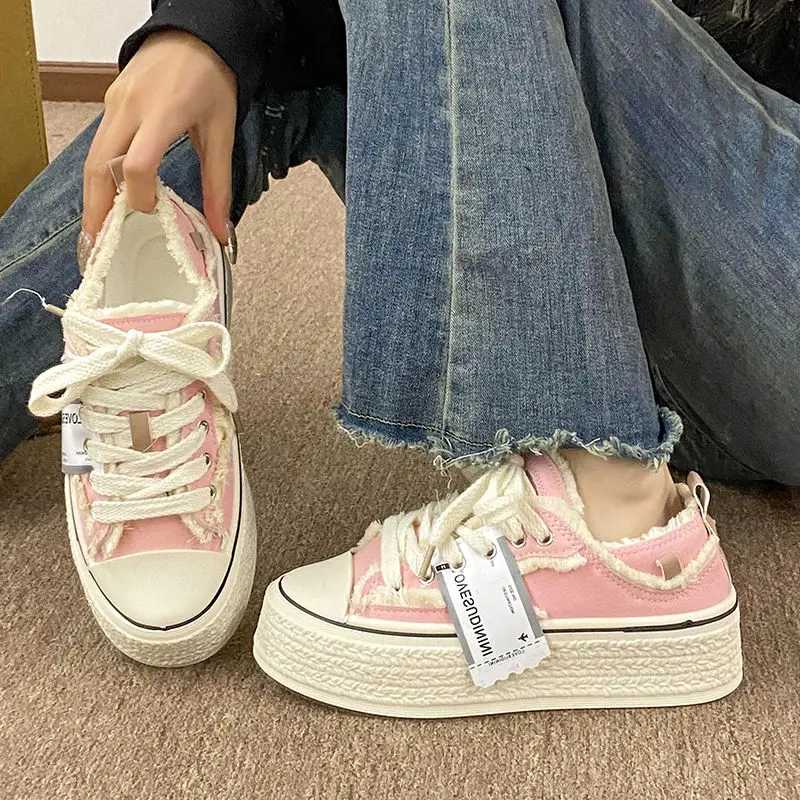 Top Trends: Pink Frayed Hem Sneaker Women&#039;s Vulcanize Canvas Shoes Teenager Espradilles Girl Chunky Platform Trainers Woman Flower Plimsolls Shoppable Styles