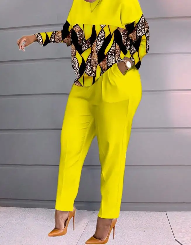 Top Trends: Two Piece Set Women Outfit 2023 Spring Fashion Leopard Print Colorblock Round Neck Long Sleeve Top &amp; Casual Pocket Pants Set Shoppable Styles