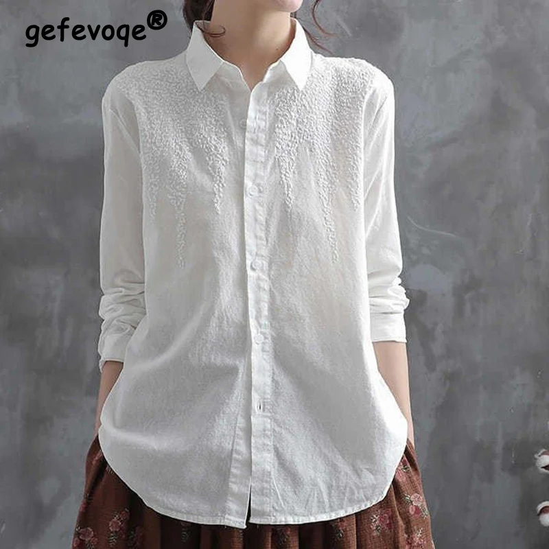 Top Trends: Vintage Cotton White Embroidered Long Sleeve Tops Women Shirt 2022 New Lapel Buttons Casual Fashion Wild Blouse Female Clothes Shoppable Styles