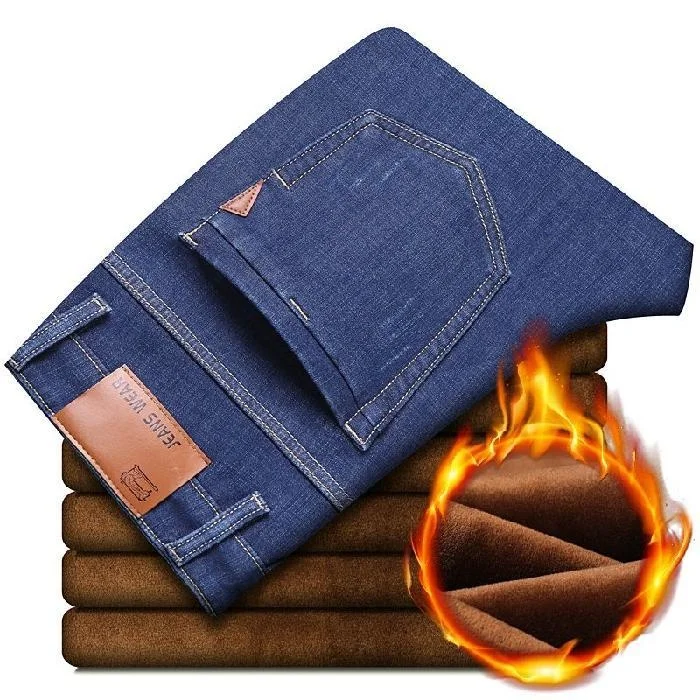 Top Trends: Autumn And Winter Men's Warm Business Jeans Classic Style Fleece Thicken Stretch Slim Fit Casual Jeans Male Plus Size Shoppable Styles