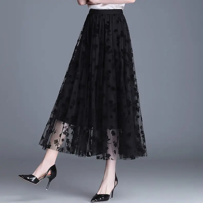 Top Trends: Mesh Half-length Skirt New Floral Pleated A-word Big Skirt Women Long High Waist Slim Gauze Skirt Shoppable Styles