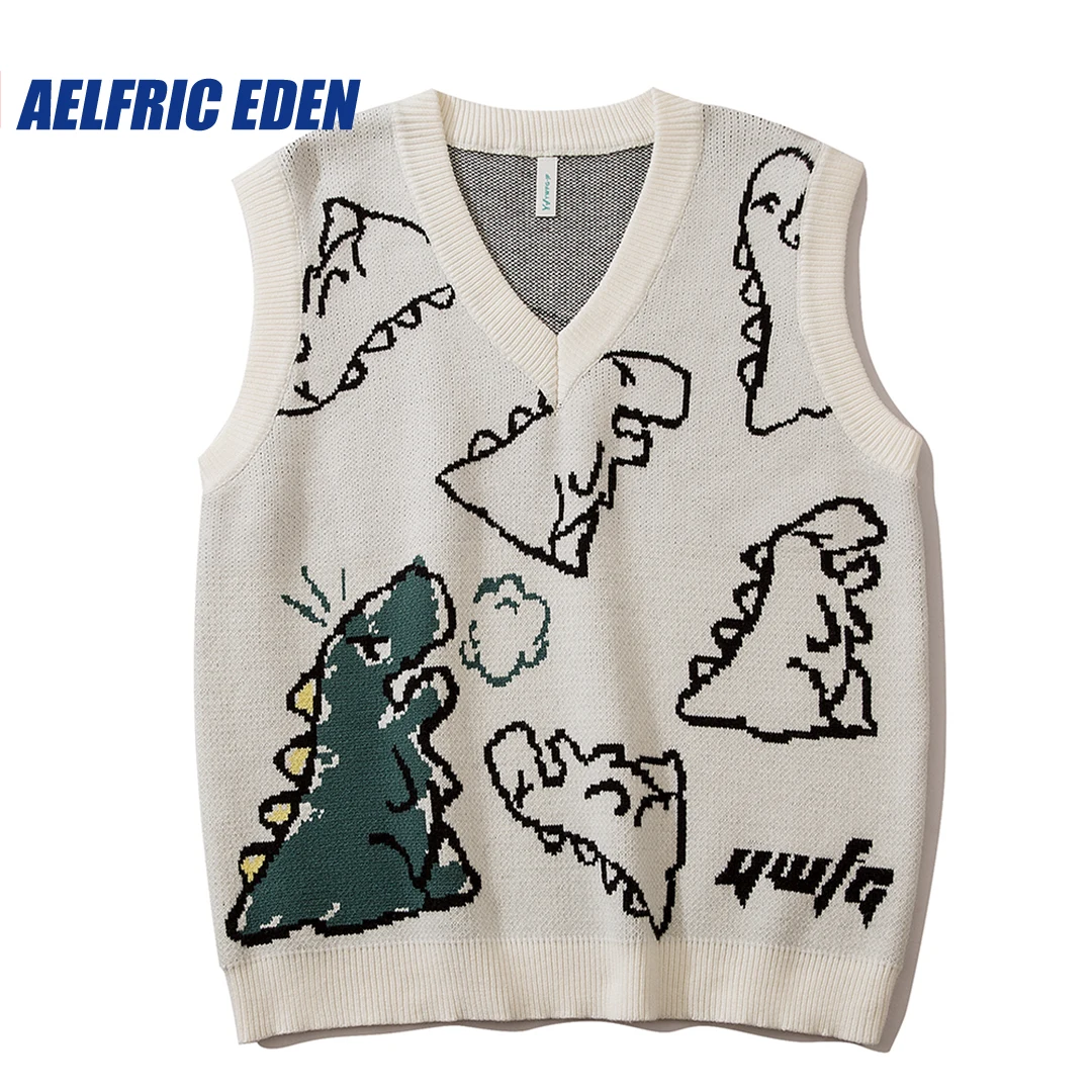 Top Trends: Dinosaur Cartoon Pattern Knit Sweater Y2K Cute Casual Streetwear Women Hip Hop Harajuku Tops Fashion Outdoor Vest Outwear Male Shoppable Styles