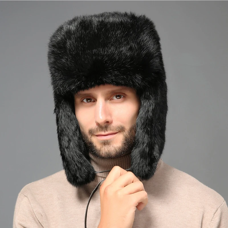 Top Trends: Fashion Thick Warm Bomber Hat Men Real Rabbit Fur Earflap Trapper Russian Cap Male Plus Size Winter Hats For Men Ski Russian Hat Shoppable Styles - Image 4