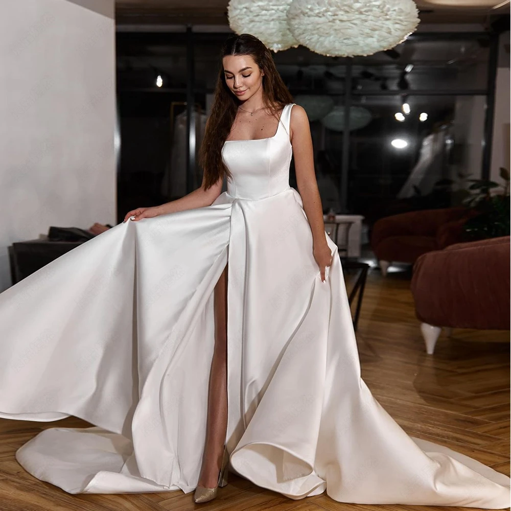 Top Trends: Square Collar White Satin Bridal Gowns For Women Sleeveless Side Slit Wedding Dresses Sleeveless Vestidos De Novia 2023 Summer Shoppable Styles