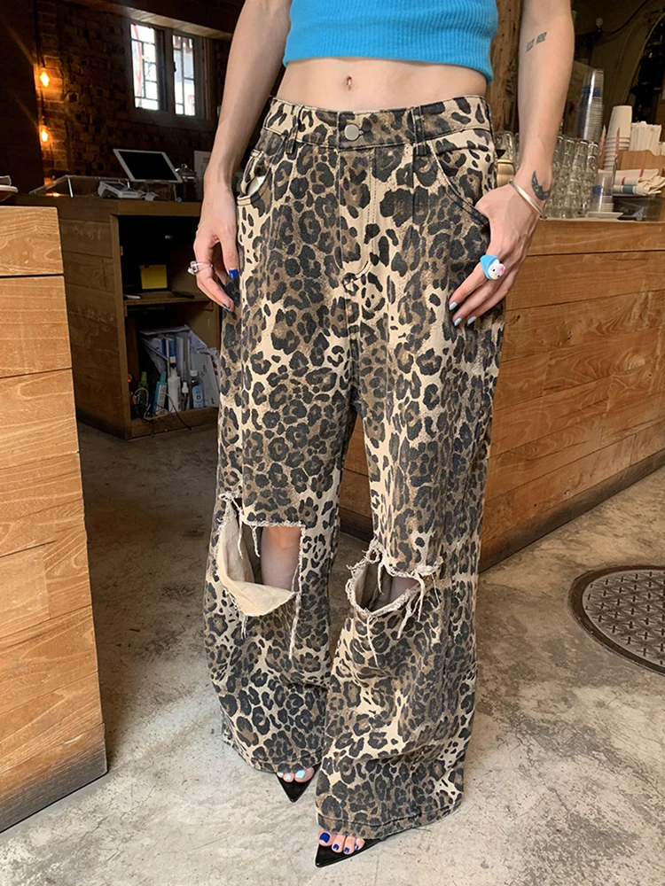 Top Trends: TWOTWINSTYLE Leopard Ripped Wide Leg Jeans For Women High Waist Patchwork Button Loose Fashion Denim Pant Female Clothing New Shoppable Styles - Image 2