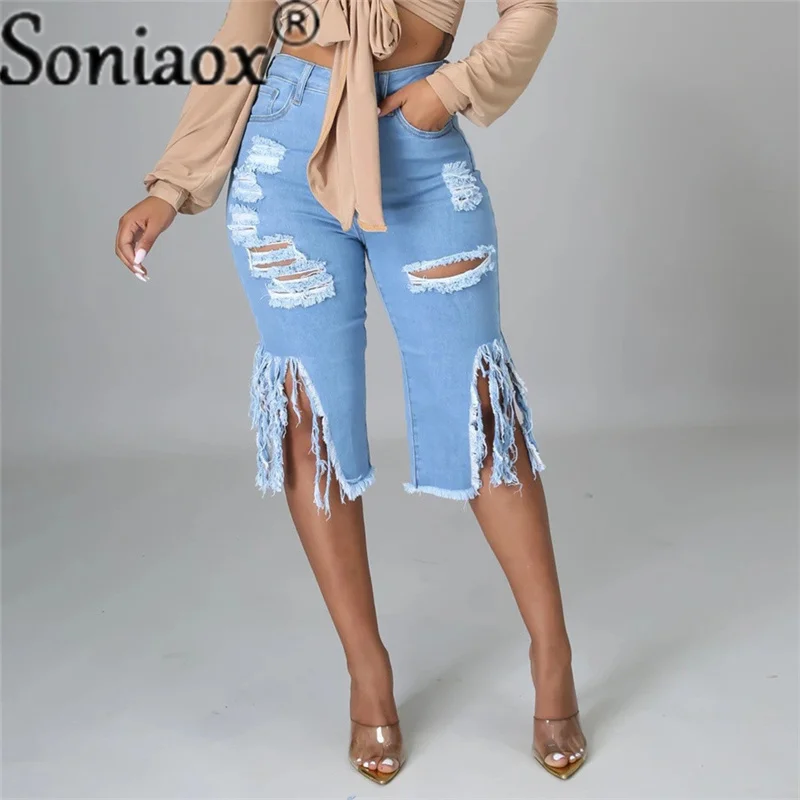 Top Trends: 2022 Summer Bermuda Shorts Women Ripped Cotton Knee Length High Waist Casual Denim Shorts Ladies Blue Sexy Straight Jean Shorts Shoppable Styles