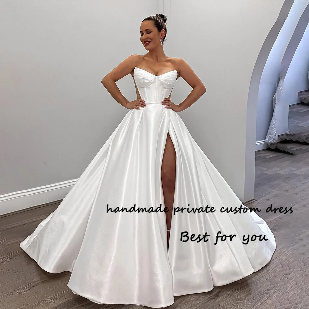 Top Trends: White Satin A Line Wedding Dresses For Bride Leg Split Sweetheart Beach Bride Dress With Train Backless Boho Wedding Gowns Shoppable Styles