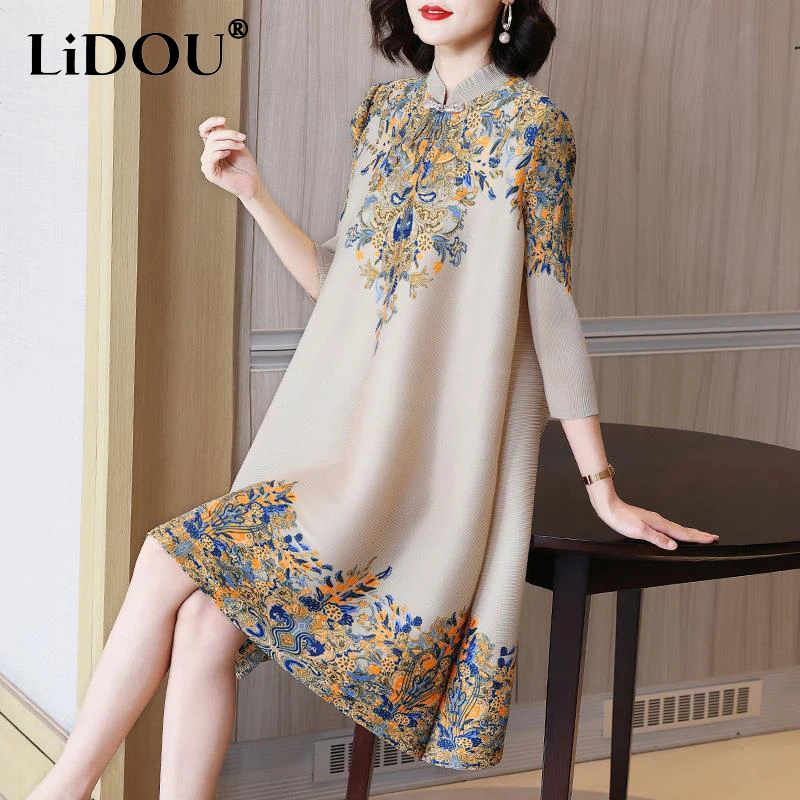 Top Trends: Summer Autumn Overesized Stand Collar Temperament Floral Printing Dress Ladies Elegant Fashion Loose Dresses Robe Femme Vestido Shoppable Styles