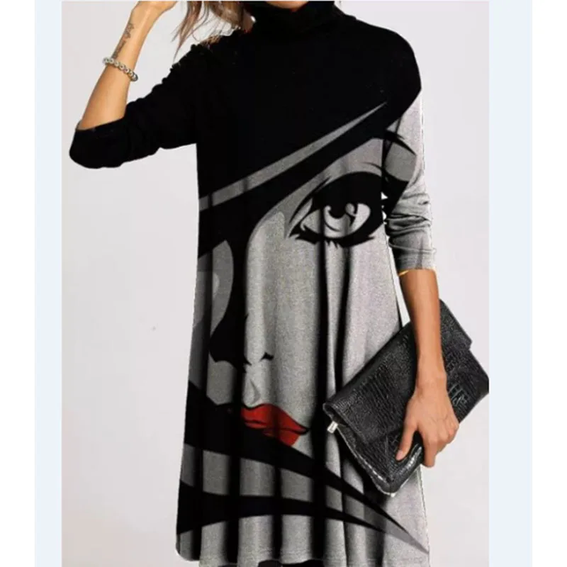 Top Trends: Autumn Winter Casual Fashion Half High Collar Printed Dress Women's Clothing Long Sleeve Straight Vintage Loose Waist Dresses Shoppable Styles - Image 3