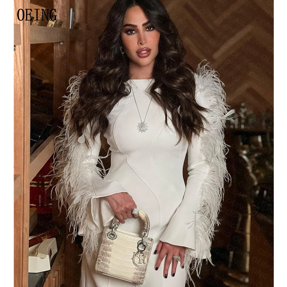 Top Trends: OEING Luxury Feathers White Formal Occasion Party Dresses Knee Length Long Sleeves Homecoming Dress Elegant 2023فساتين مناسبة ر Shoppable Styles