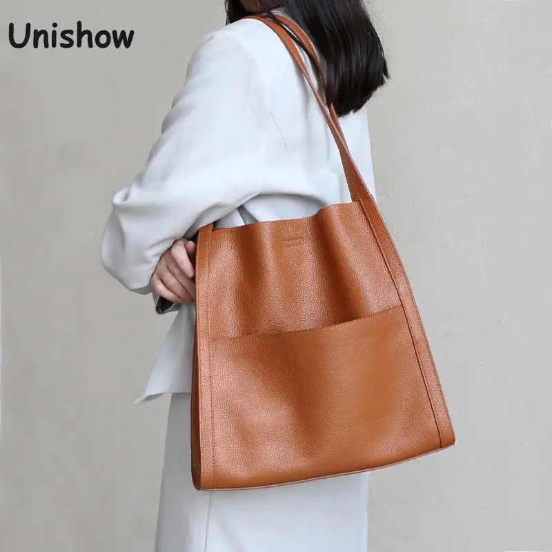 Top Trends: 2022 Luxury Leather Women Bag Female Shoulder Bags Lady Soft 100% Cowhide Genuine Leather Brand Design Tote Bucket Handbag Shoppable Styles