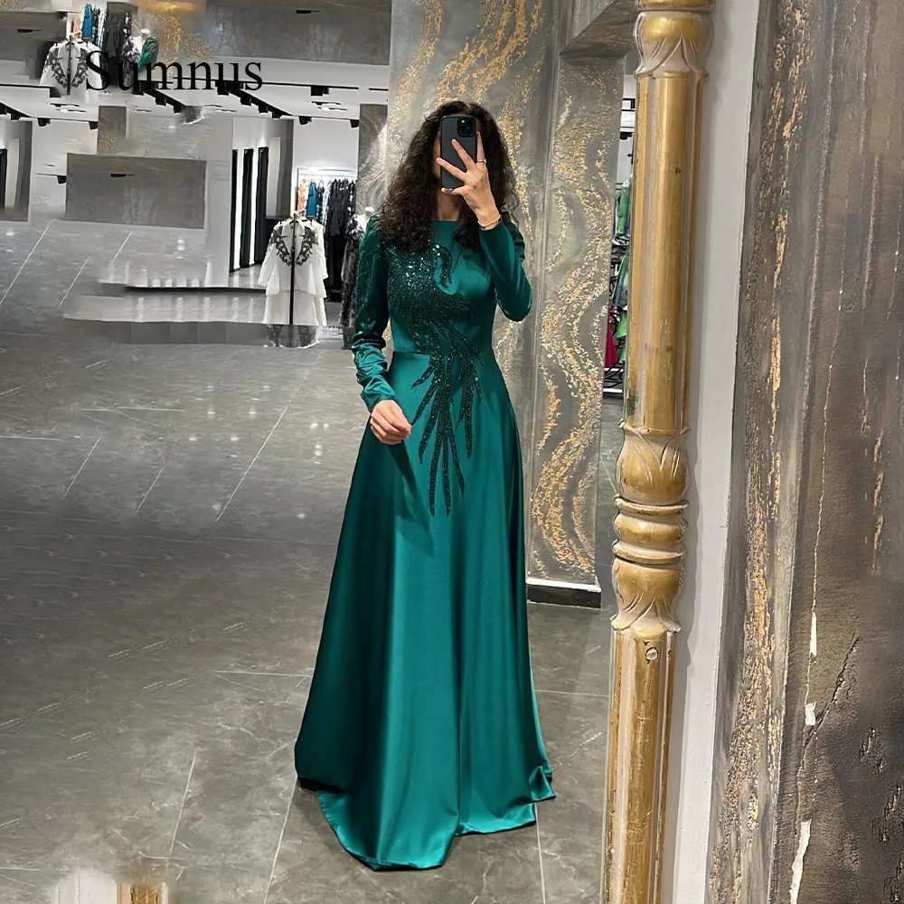 Top Trends: Sumnus Emerald Green Satin Long Saudi Arabia Evening Party Dresses Sequins Beads Full Sleeve Muslim Dubai Formal Evening Gowns Shoppable Styles