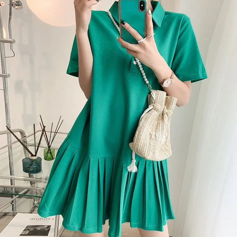 Top Trends: Extra Large Size 100.00kg Polo Collar Short Sleeve Dress Women's Summer Loose Pleated Skirt Shoppable Styles