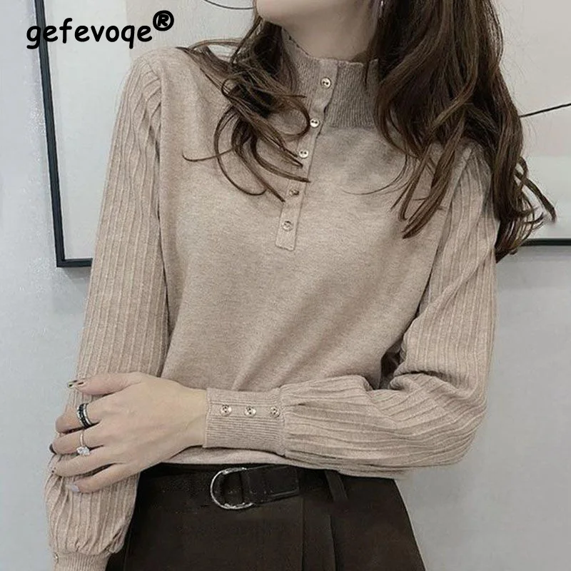 Top Trends: Simplicity Half High Collar Loose Long Sleeved Bottomed Shirt Autumn Winter Fashionable Solid Patchwork Button Knitted Sweater Shoppable Styles