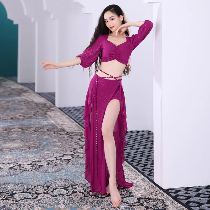 Top Trends: Belly Dance Practice Clothes Suit Printing Mesh Top Short Sleeves Split Skirt Set Female Elegant Performance Clothing Summer Shoppable Styles