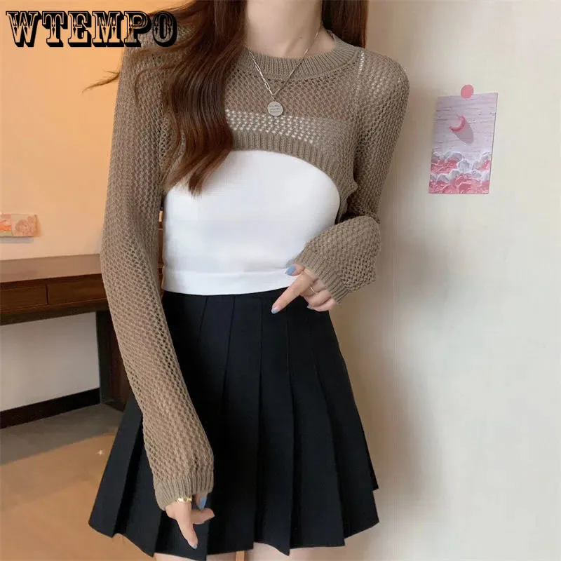 Top Trends: Hollow Thin Long-sleeved Shirt Women's Summer And Autumn Round Neck Short Knitted Blouse Drop Shipping Wholesale Pullovers Tops Shoppable Styles