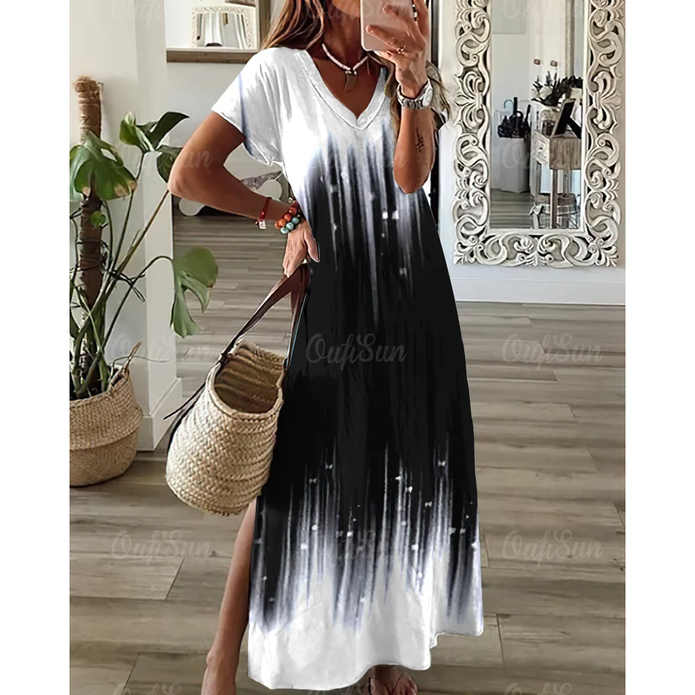 Top Trends: Gradient Print Side Slit Women Dresses Female 2023 Summer Elegant Party Dresses Ladies Vacation Casual Y2k Sexy Evening Dresses Shoppable Styles