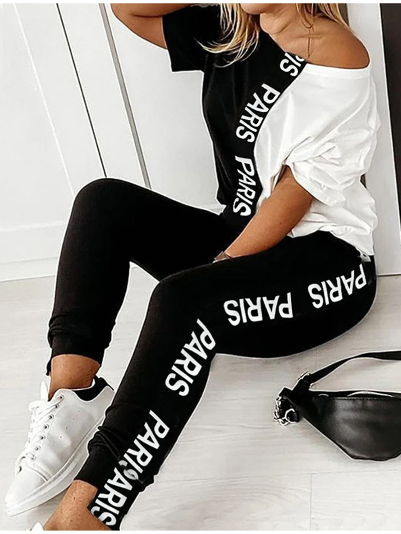 Top Trends: Off Shoulder Tracksuit Women Two Piece Set Summer Clothes Letter Print Colorblock Tshirt Top And Pants Suit Women&#039;s Sets Outfits Shoppable Styles