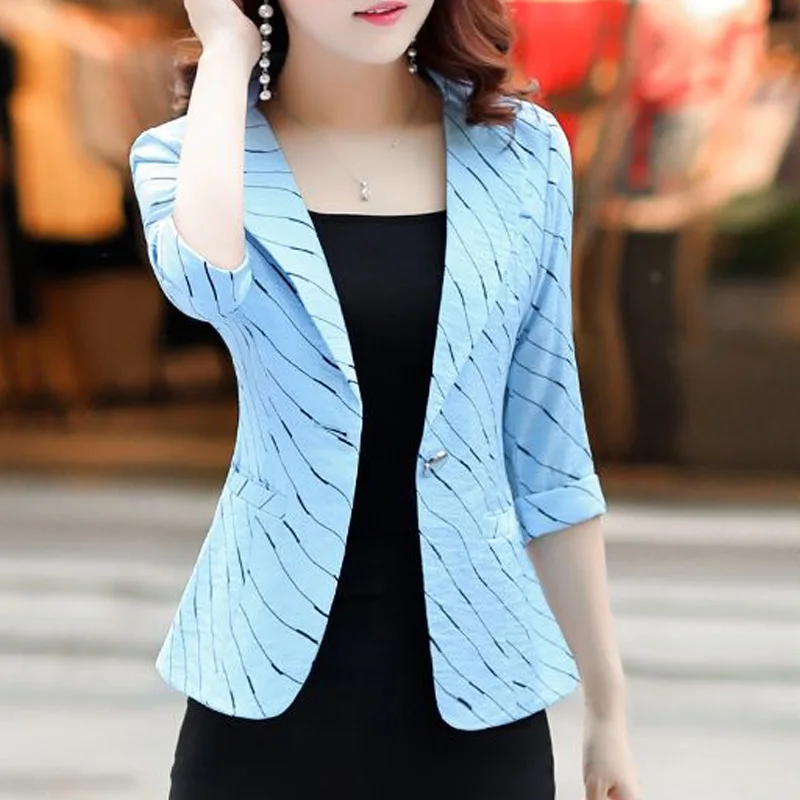 Top Trends: 2023 New Spring And Summer Korean Fashion Commuting Simple Slim Fit Stripe Patch Pocket Versatile Three Quarter Women&#039;s Blazer Shoppable Styles