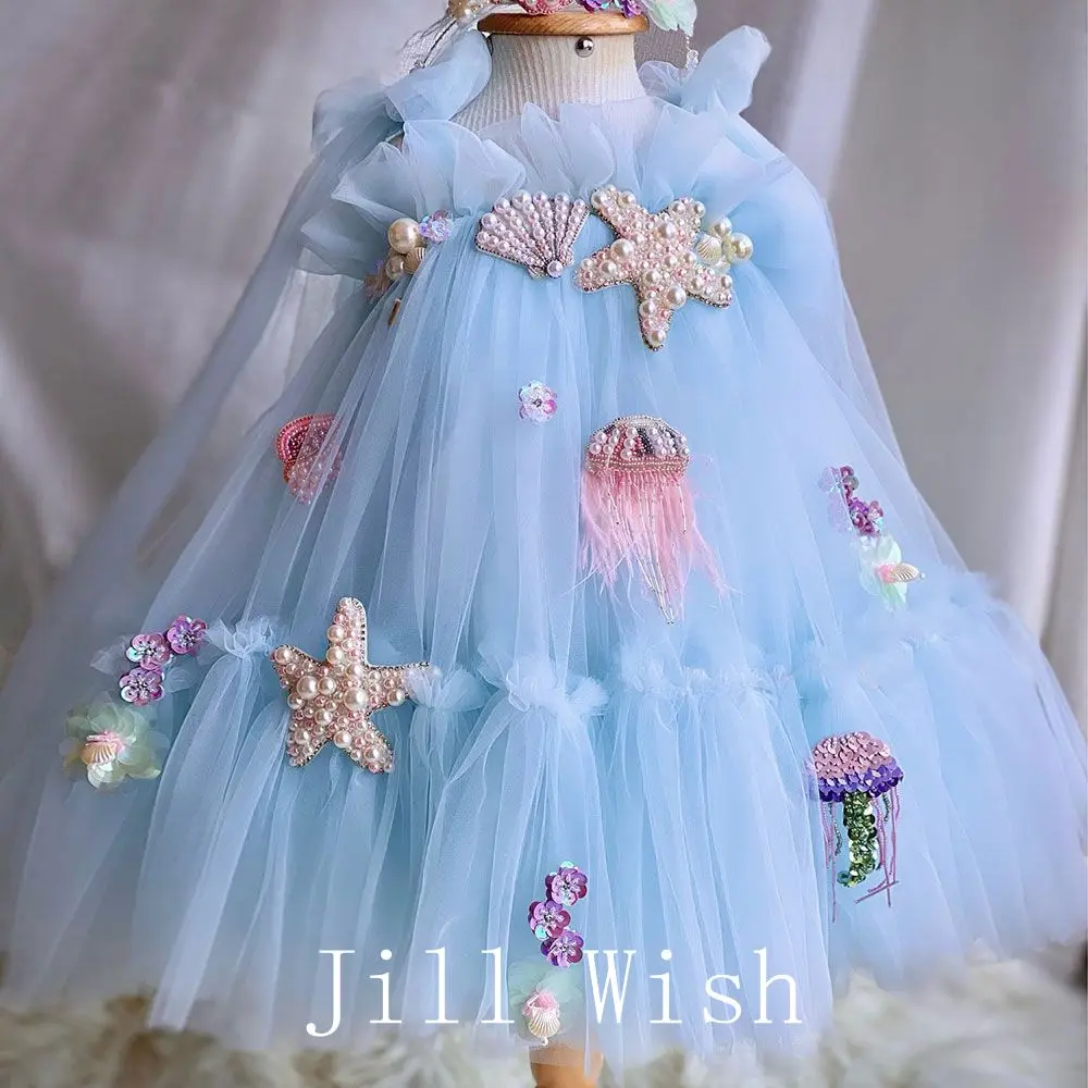 Top Trends: Jill Wish Luxury Blue Baby Flower Girl Dresses Mini Beading Pearls Princess Kids Gown For Birthday Wedding Communion Party J038 Shoppable Styles