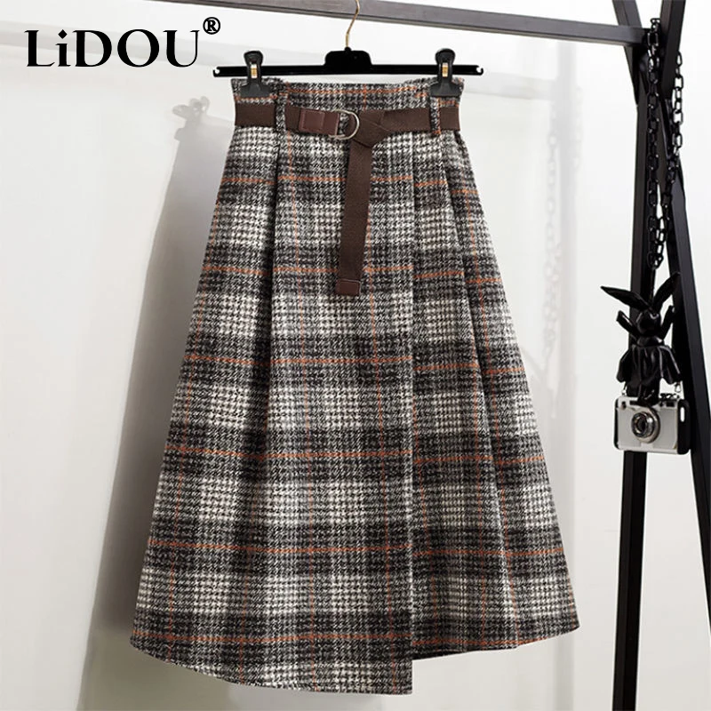 Top Trends: 2023 Autumn Winter New Plaid Printing A-line Skirt Women Elastic High Waist Asymmetrical Patchwork All-match Female Clothing Shoppable Styles