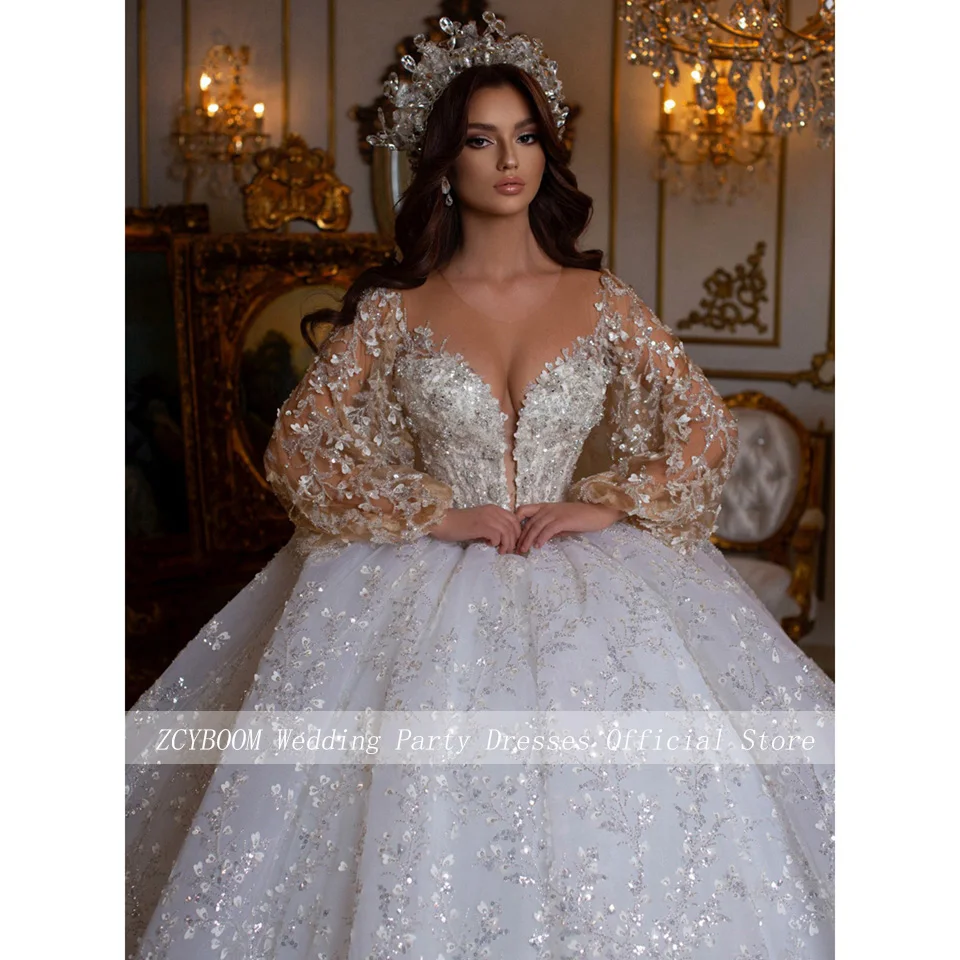 Top Trends: Luxury Scoop Neck Sequin Appliques Full Sleeves Wedding Dress 2023 Ball Gown Floor Length Sweep Train Lantern Sleeve Bridal Gown Shoppable Styles