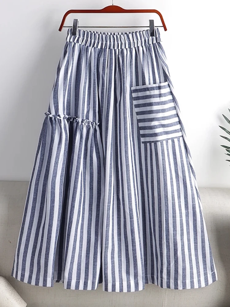 Top Trends: Women Autumn Skirts 2023 New Stripe Print Cotton Linen Skirt Fashion Party Pleated Skirts Female Chic A-Line Pocket Midi Skirt Shoppable Styles