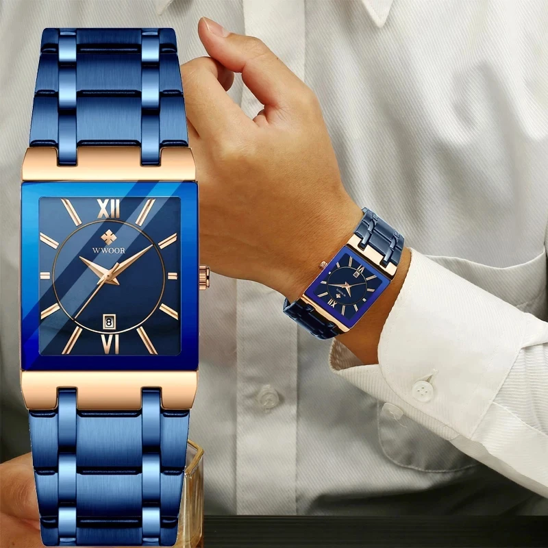 Top Trends: Relogio Masculino New Fashion Watches Men WWOOR Luxury Square Blue Men&#039;s Wristwatch Stainless Steel Waterproof Quartz Clock Male Shoppable Styles